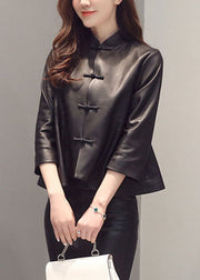 Vintage Black Button Stand Collar Faux Leather Coats Three Quarter Sleeve