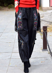 Vintage Black Grey Elastic Waist Embroideried Pockets Cotton Denim Harem Pants Spring