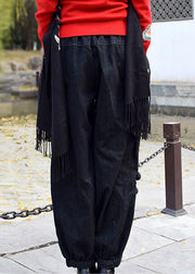 Vintage Black Grey Elastic Waist Embroideried Pockets Cotton Denim Harem Pants Spring
