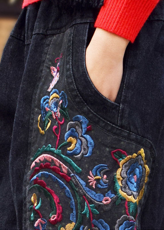 Vintage Black Grey Elastic Waist Embroideried Pockets Cotton Denim Harem Pants Spring