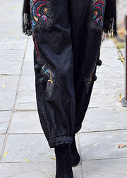 Vintage Black Grey Elastic Waist Embroideried Pockets Cotton Denim Harem Pants Spring