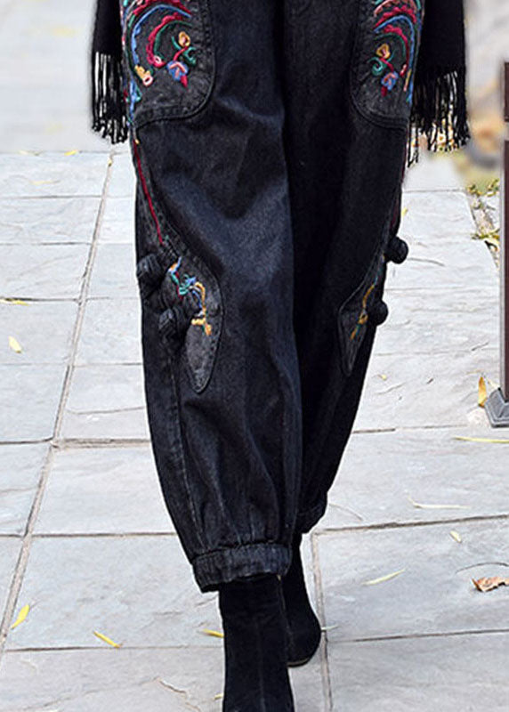 Vintage Black Grey Elastic Waist Embroideried Pockets Cotton Denim Harem Pants Spring