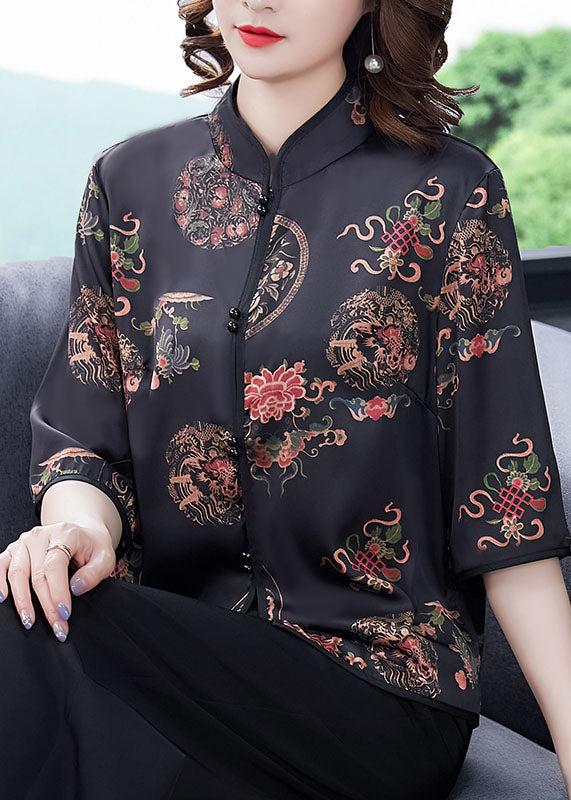 Vintage Black Mandarin Collar Button Print Silk Shirt Tops Half Sleeve