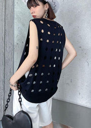 Vintage Black O Neck Hole Beach Cotton Vest - SooLinen