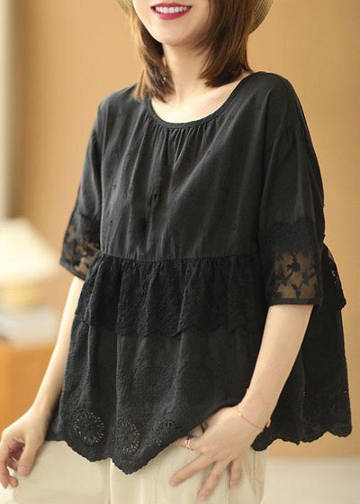 Vintage Black O-Neck Lace Patchwork Fall Half Sleeve Blouse Tops - SooLinen