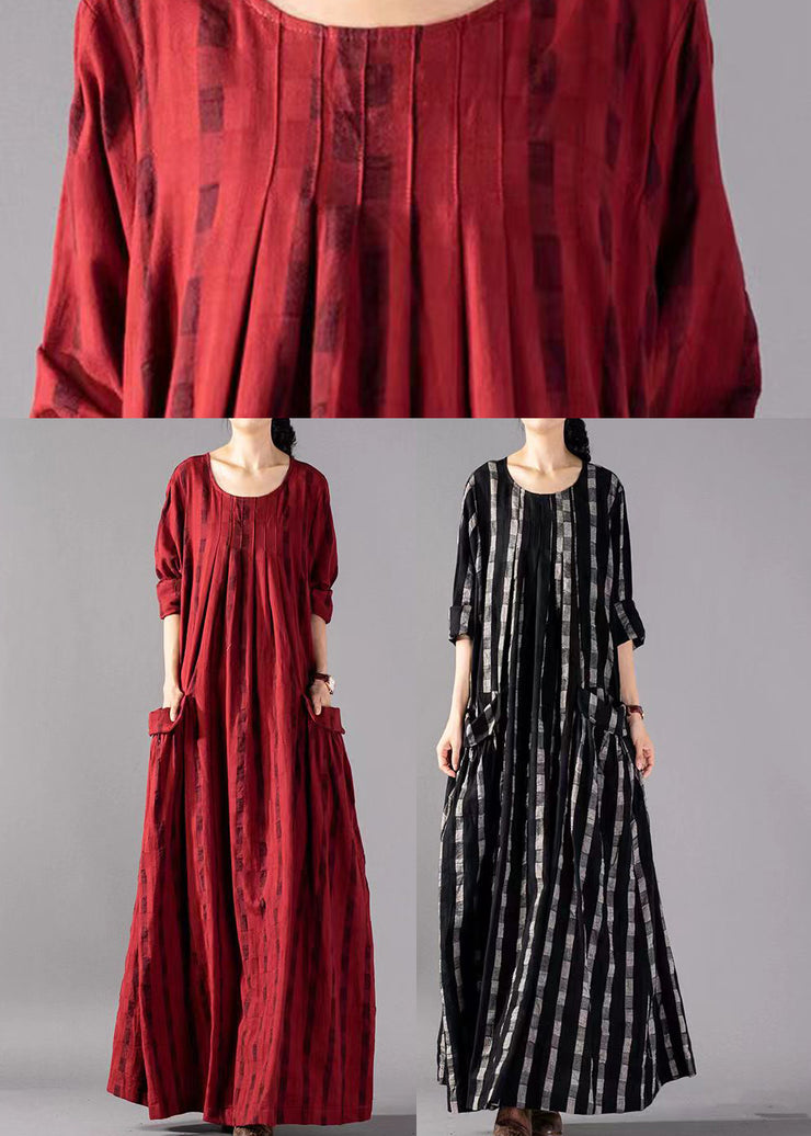 Vintage Black O-Neck Plaid Print Cotton Long Dresses Long Sleeve