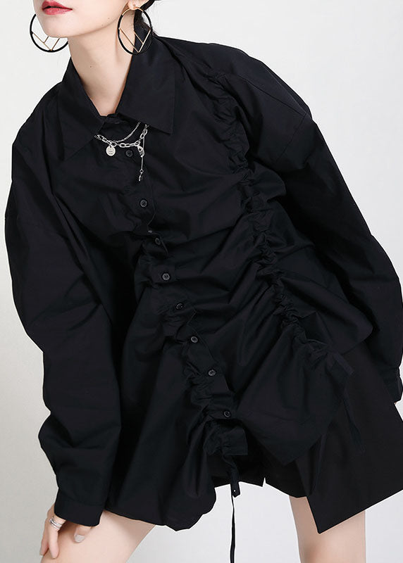 Vintage Black Peter Pan Collar Button Asymmetrical Design Drawstring Fall Shirts Long sleeve