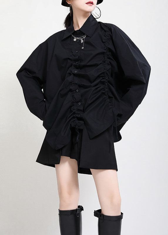 Vintage Black Peter Pan Collar Button Asymmetrical Design Drawstring Fall Shirts Long sleeve