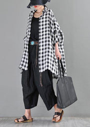 Vintage Black Plaid Batwing Sleeve Linen Top Summer - SooLinen