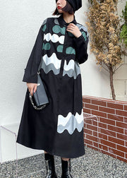 Vintage Black Print Button Pockets Fall Shirts Long sleeve dress