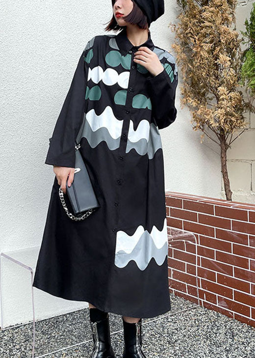 Vintage Black Print Button Pockets Fall Shirts Long sleeve dress