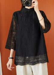 Vintage Black Stand Collar Embroideried Hollow Out Tops Half Sleeve