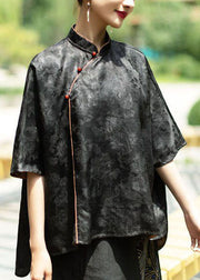 Vintage Black Stand Collar low high design Jacquard Silk Tops Batwing Sleeve