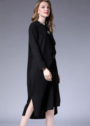 Vintage Black wrinkled asymmetrical design Side open Long Dresses Fall