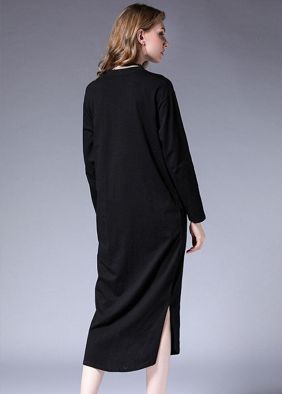 Vintage Black wrinkled asymmetrical design Side open Long Dresses Fall