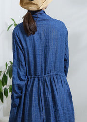 Vintage Blue Bow  Button drawstring Trench Coats Long Sleeve