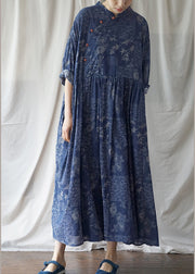Vintage Blue Cinched Print Cotton Maxikleid Halbarm