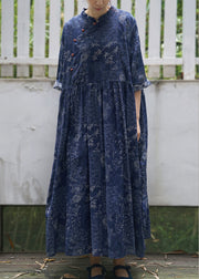 Vintage Blue Cinched Print Cotton Maxikleid Halbarm
