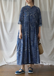 Vintage Blue Cinched Print Cotton Maxikleid Halbarm