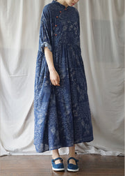 Vintage Blue Cinched Print Cotton Maxikleid Halbarm