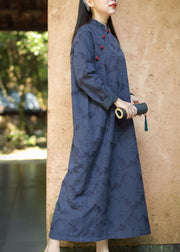 Vintage Blue Mandarin Collar Button print Dresses caftan Long Sleeve