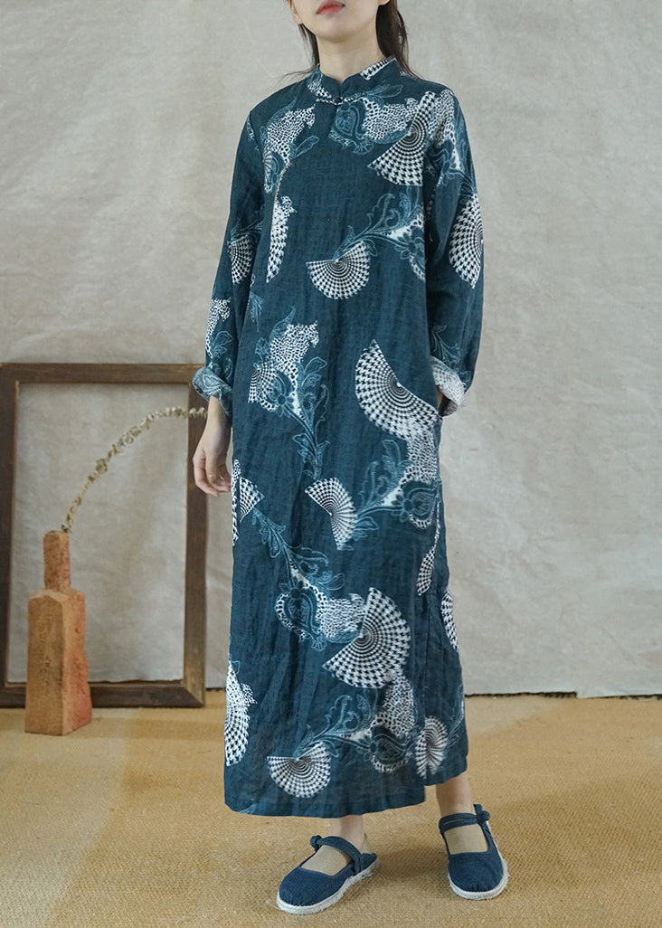 Vintage Blue Mandarin Collar side open Print Linen Long Dress Long Sleeve
