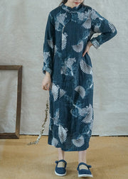 Vintage Blue Mandarin Collar side open Print Linen Long Dress Long Sleeve