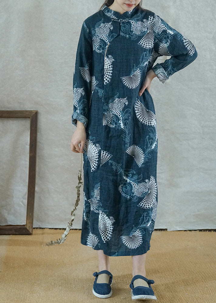 Vintage Blue Mandarin Collar side open Print Linen Long Dress Long Sleeve