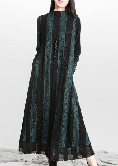 Vintage Blue Striped PatchworkChiffon Fall Long Dresses - SooLinen