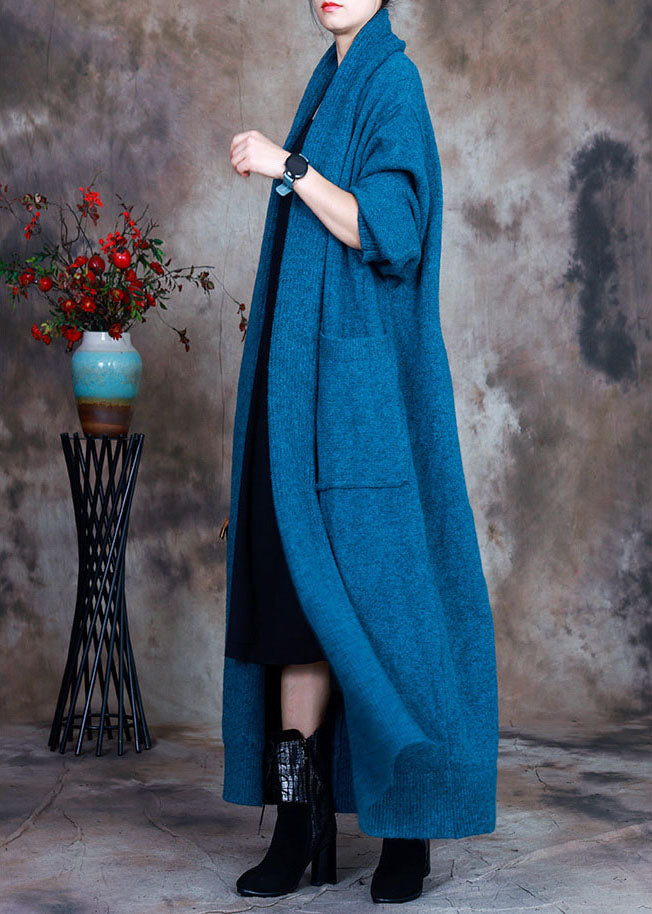 Vintage Blue V Neck Pockets Fall Knit Cardigan