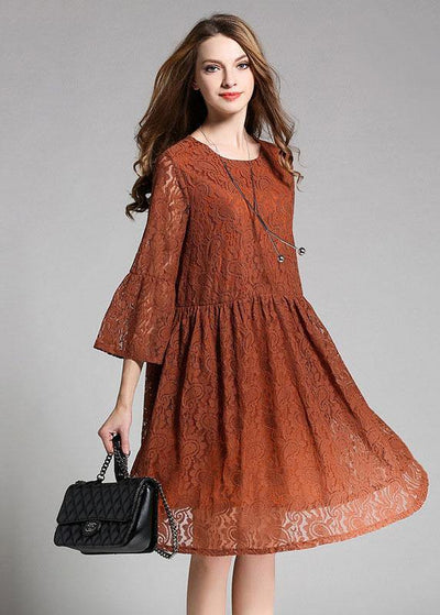 Vintage Chocolate Hollow Out Embroideried Patchwork Spring Three Quarter Sleeve Spring Dresses - SooLinen