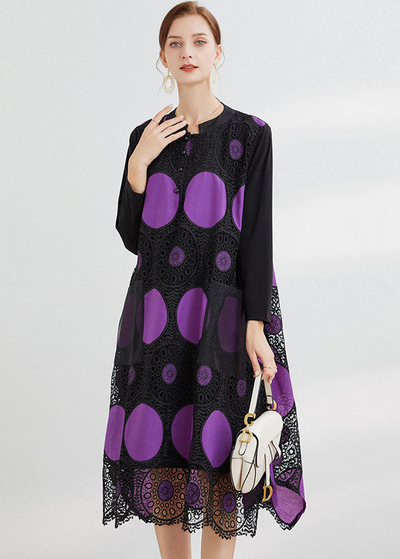 Vintage Chocolate Embroideried Pockets Lace Dress Spring