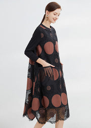 Vintage Chocolate Embroideried Pockets Lace Dress Spring