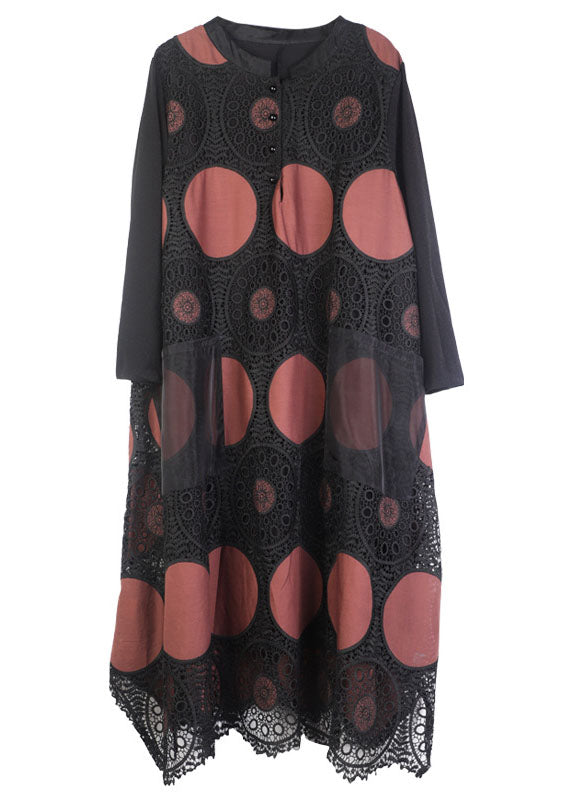 Vintage Chocolate Embroideried Pockets Lace Dress Spring