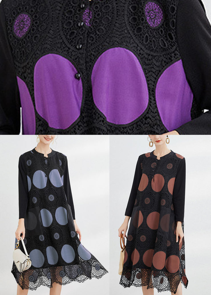 Vintage Chocolate Embroideried Pockets Lace Dress Spring