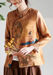 Vintage Brown flowers O-Neck Button Print Tops Long sleeve