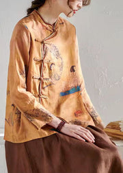 Vintage Brown flowers O-Neck Button Print Tops Long sleeve