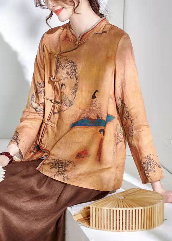 Vintage Brown flowers O-Neck Button Print Tops Long sleeve