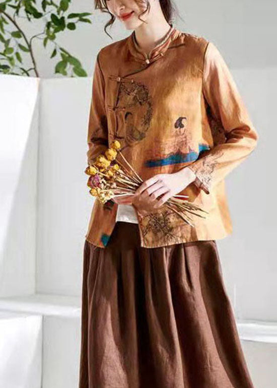 Vintage Brown flowers O-Neck Button Print Tops Long sleeve