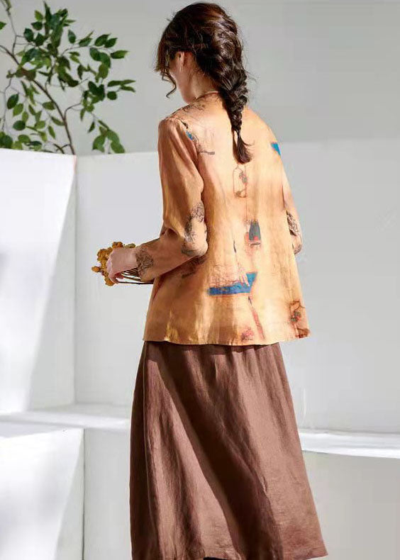 Vintage Brown flowers O-Neck Button Print Tops Long sleeve