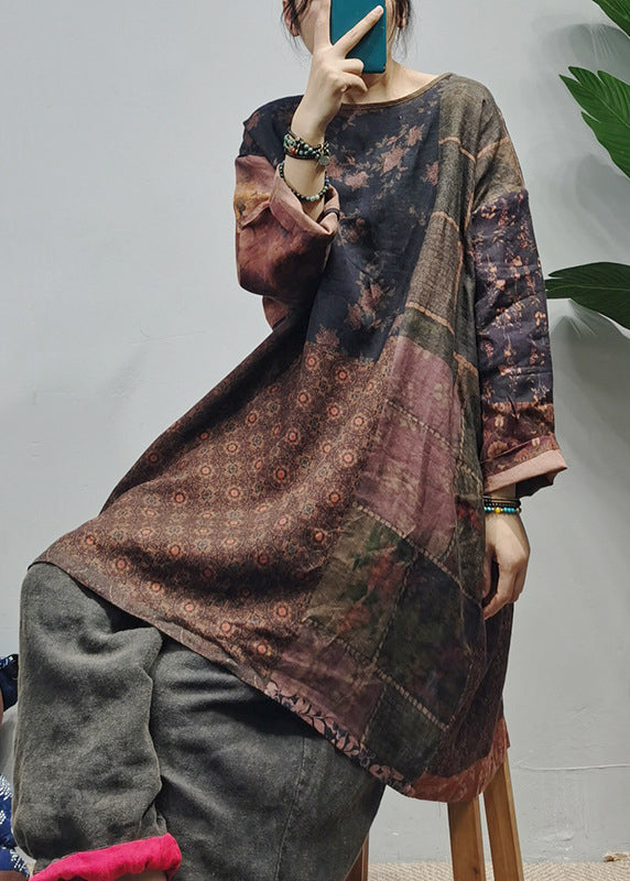 Vintage Chocolate O-Neck side open Print Patchwork Linen Tops Long Sleeve