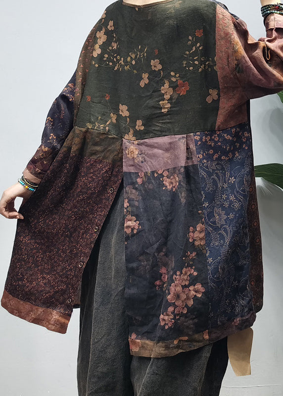Vintage Chocolate O-Neck side open Print Patchwork Linen Tops Long Sleeve