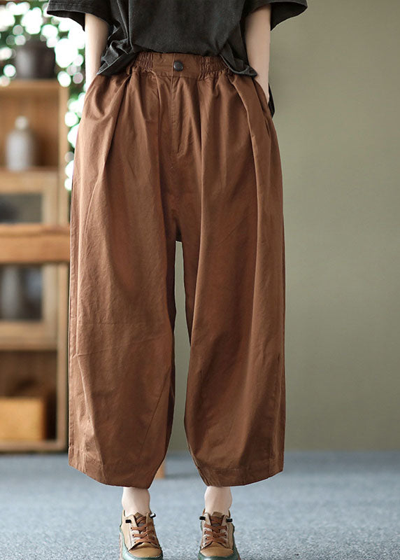 Vintage Dark Chocolate Elastic Waist Pockets Solid Cotton Harem Pants Summer