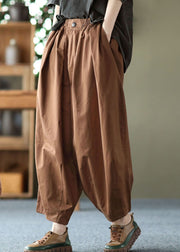 Vintage Dark Chocolate Elastic Waist Pockets Solid Cotton Harem Pants Summer