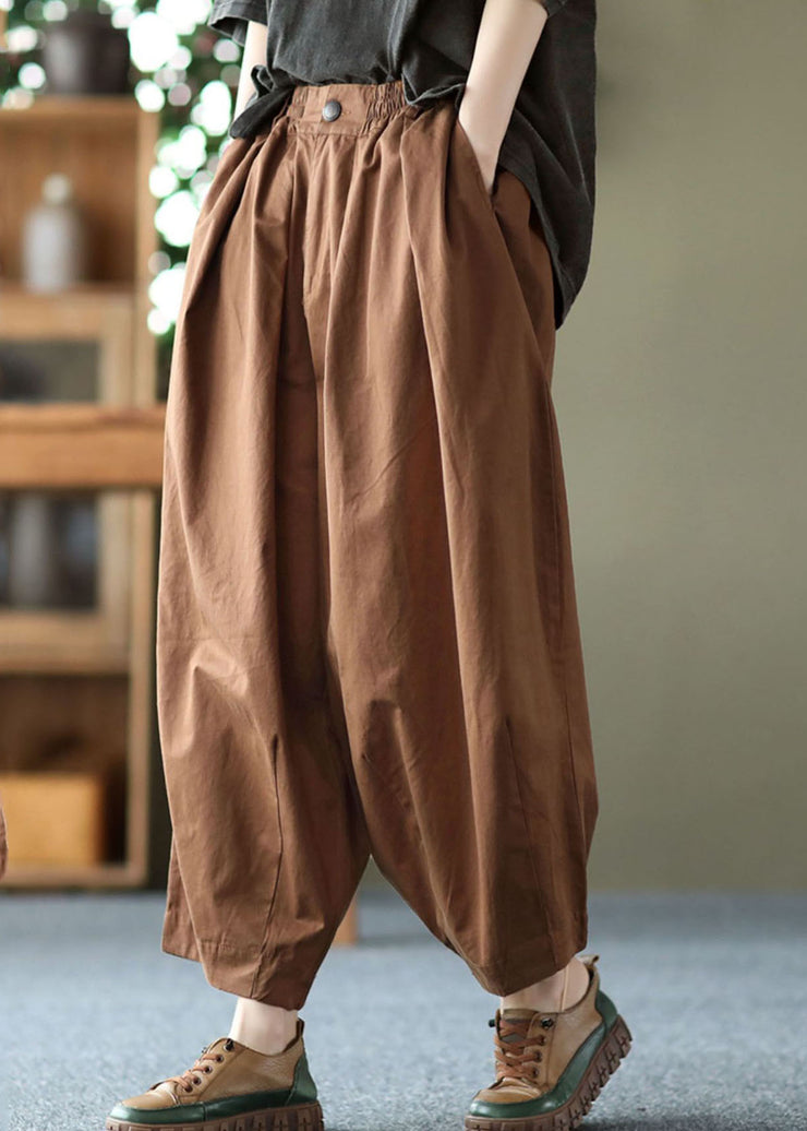 Vintage Dark Chocolate Elastic Waist Pockets Solid Cotton Harem Pants Summer