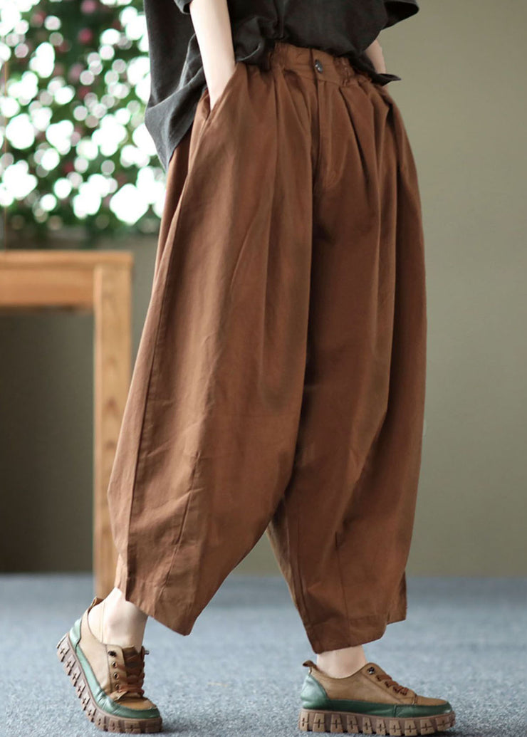 Vintage Dark Chocolate Elastic Waist Pockets Solid Cotton Harem Pants Summer