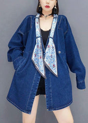 Vintage Denim Blue V Neck Pockets Button Fall Shirts Long Sleeve - SooLinen