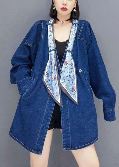 Vintage Denim Blue V Neck Pockets Button Fall Shirts Long Sleeve - SooLinen