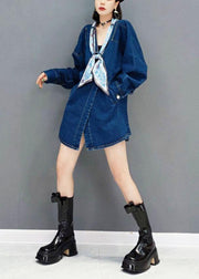 Vintage Denim Blue V Neck Pockets Button Fall Shirts Long Sleeve - SooLinen