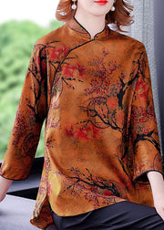 Vintage Ginger Stand Collar side open print Silk Blouse Top Spring